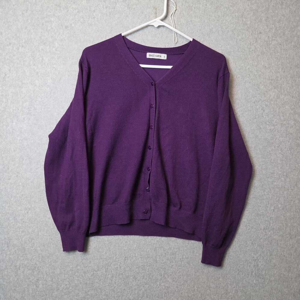 Grace Karin Purple Knit LS V Neck Button Up Viscose Cardigan Women's XL Stretch